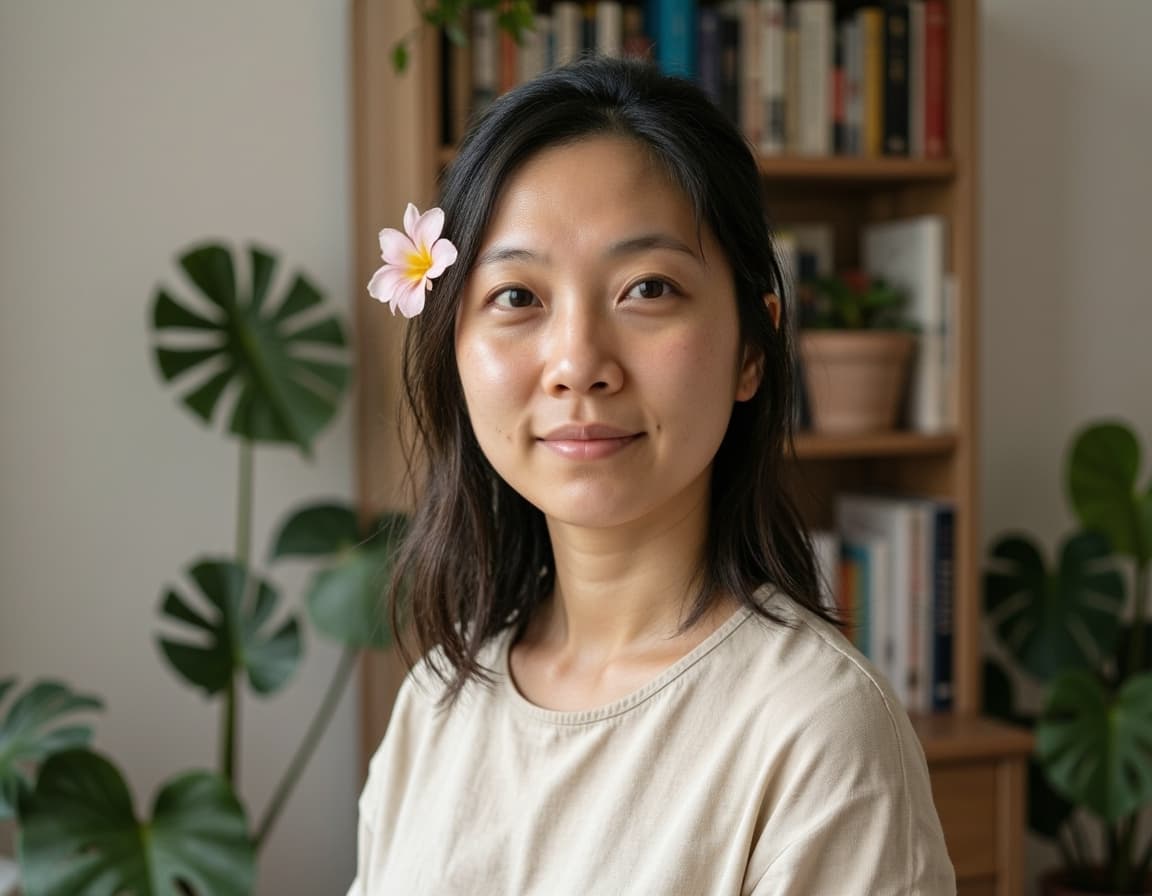 maya looking at the camera, smiling with a flower in her hair