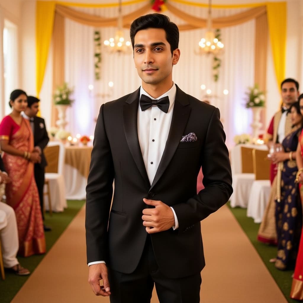 Man wearing a black tuxedo in an indian wedding