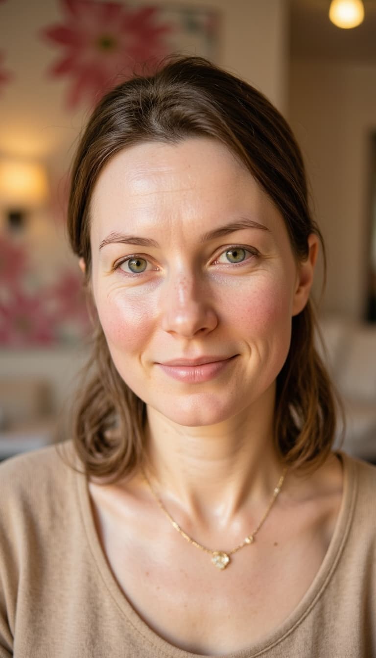 Close-up portrait headshot with captivating direct eye contact and subtle confident smile, wearing e