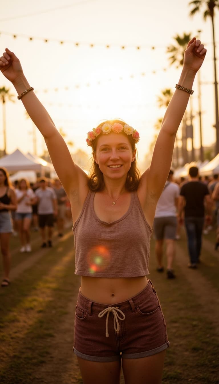 Candid shot at music festival or outdoor event, wearing trendy festival outfit with flower crown or