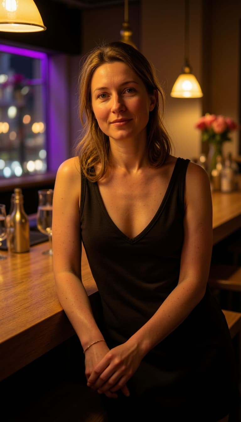 Three-quarter length shot at upscale lounge or rooftop bar, wearing elegant fitted dress or chic goi