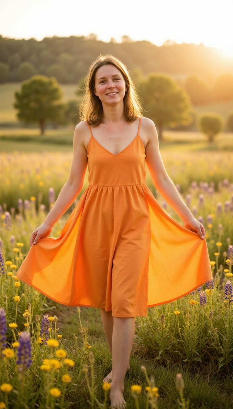 Full body shot twirling in flowing summer dress, mid-spin with dress flowing and genuine laugh, wear