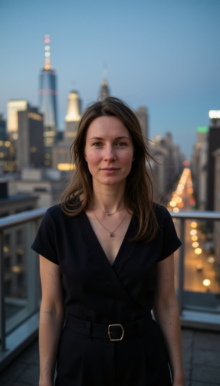 Portrait on luxury rooftop with panoramic city skyline, wearing sophisticated outfit or elegant jump