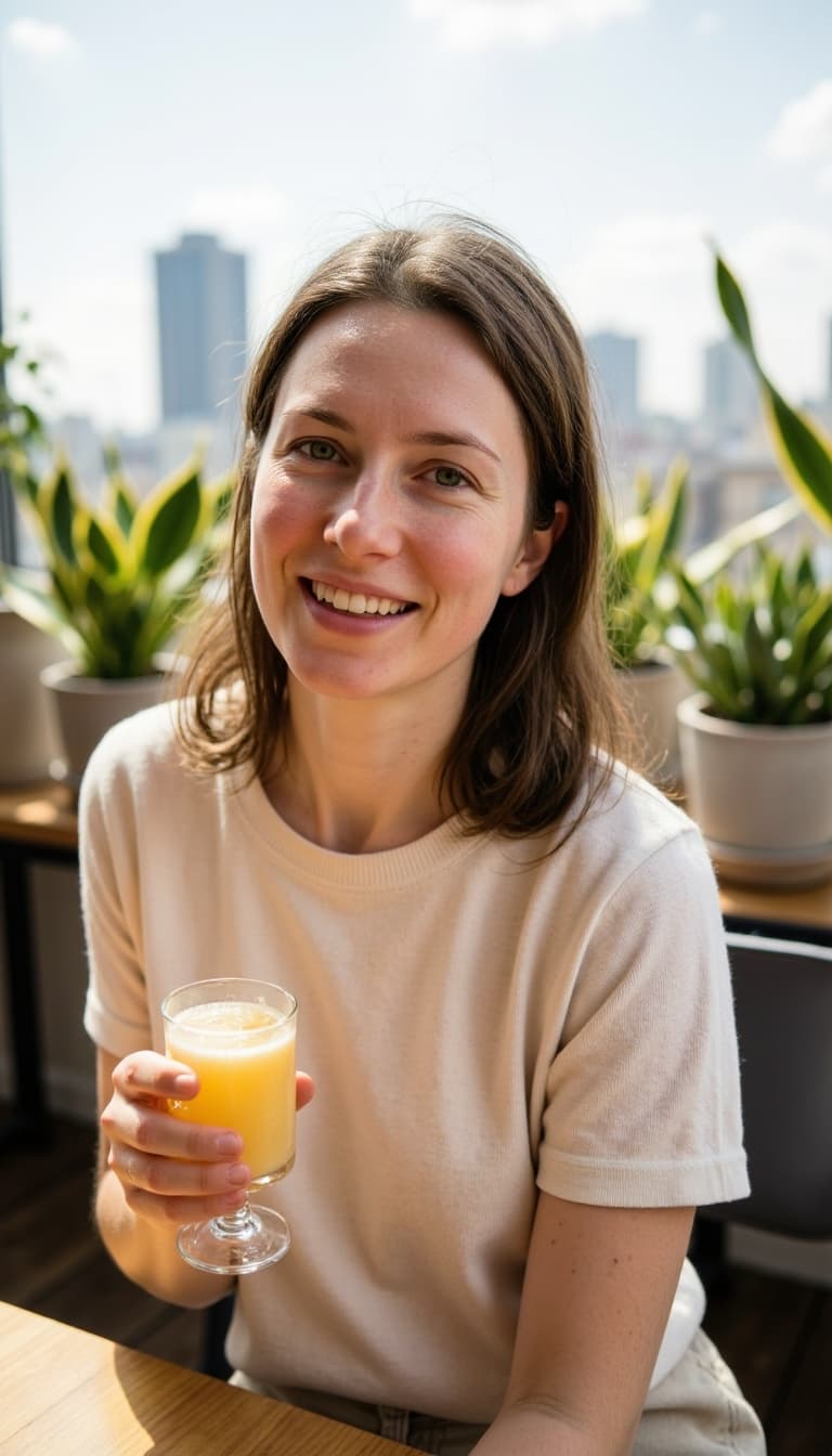 Candid shot at trendy rooftop brunch spot with plants and city views, wearing chic casual weekend ou