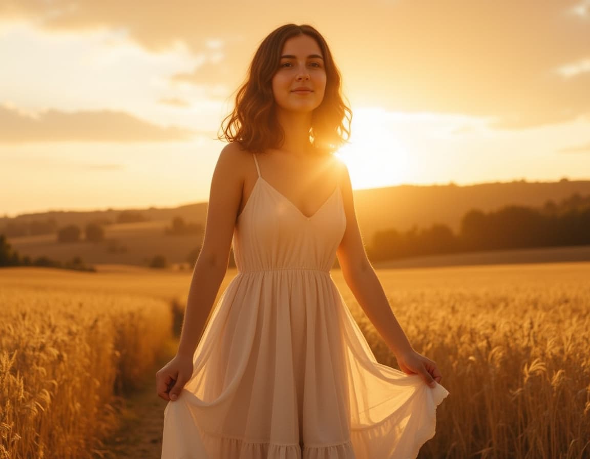 Portrait in flowing dress standing in golden wheat field or on hilltop, hair blowing naturally in br