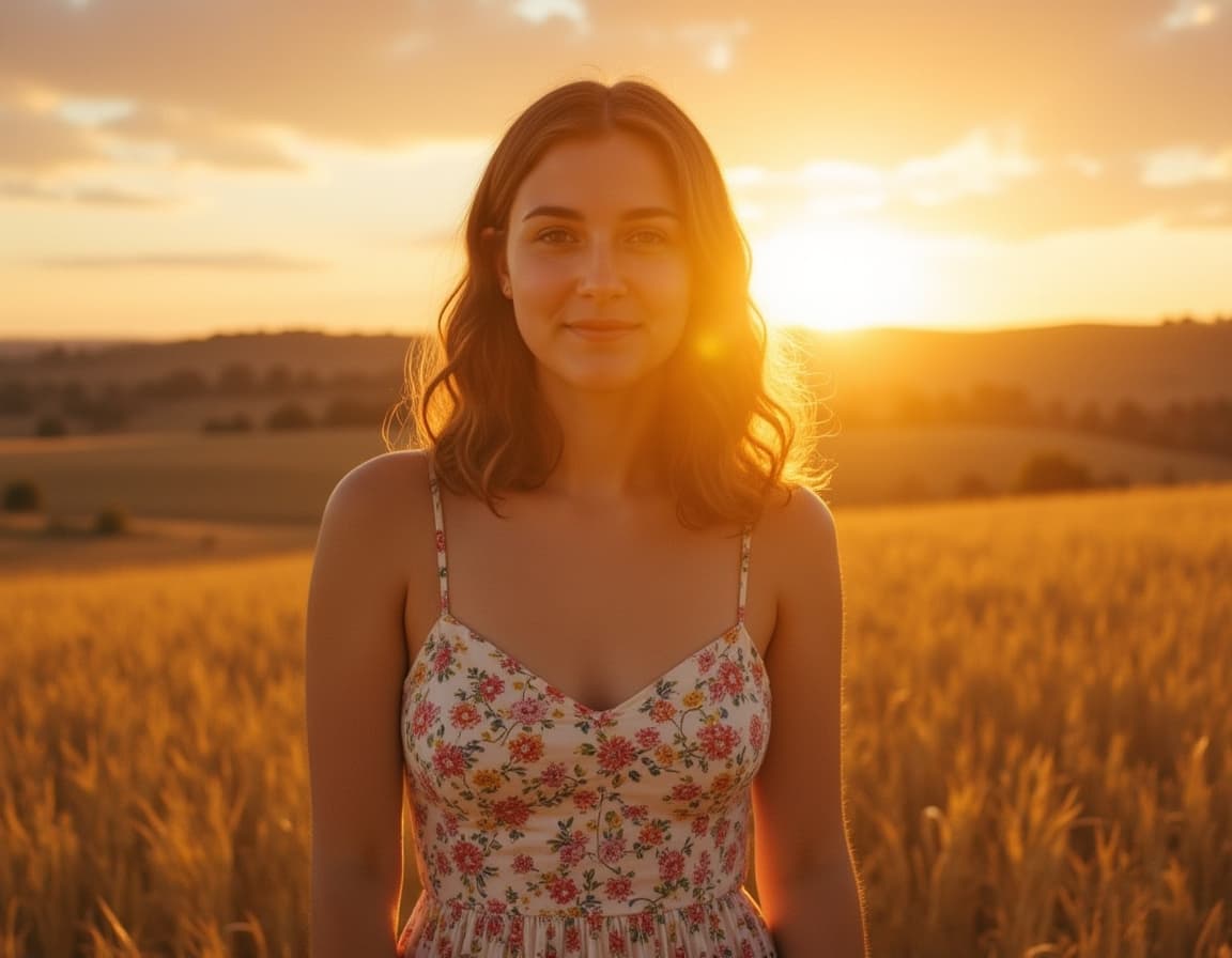 Portrait in flowing dress standing in golden wheat field or on hilltop, hair blowing naturally in br