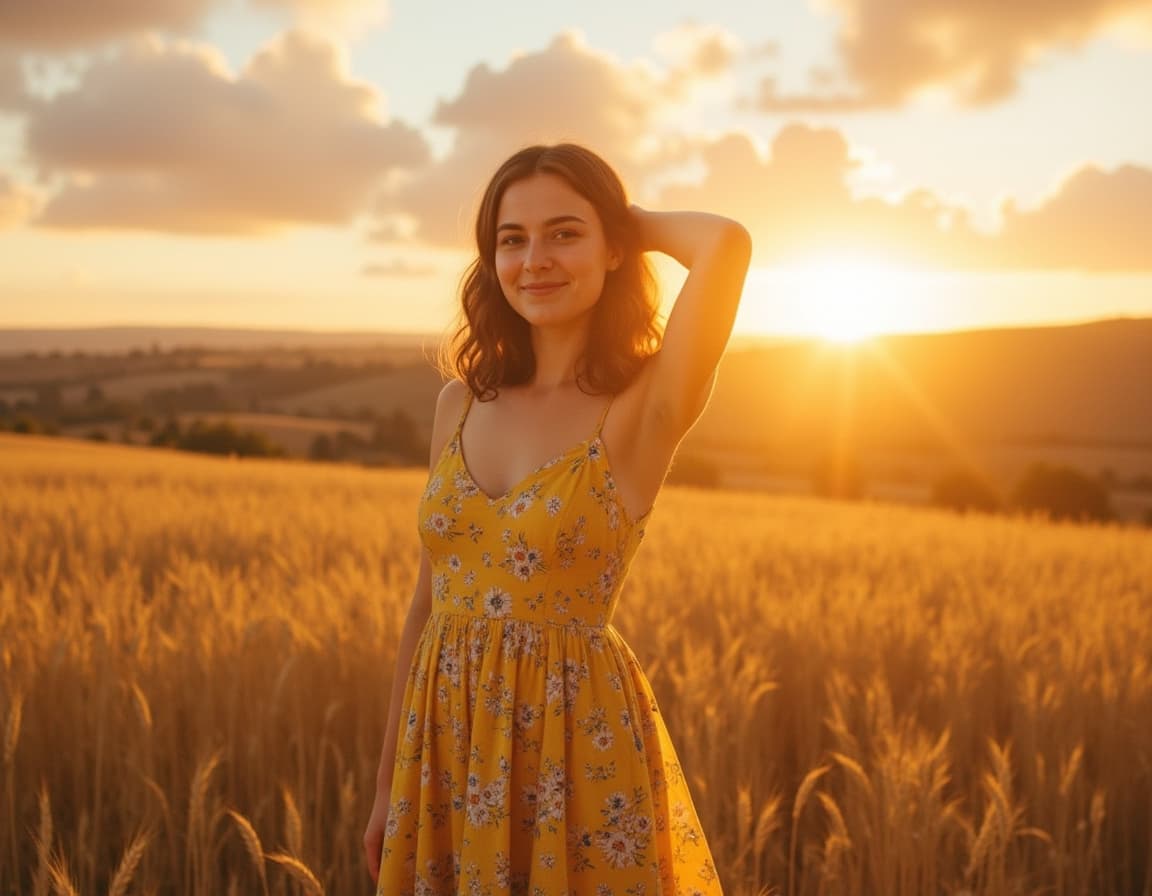 Portrait in flowing dress standing in golden wheat field or on hilltop, hair blowing naturally in br