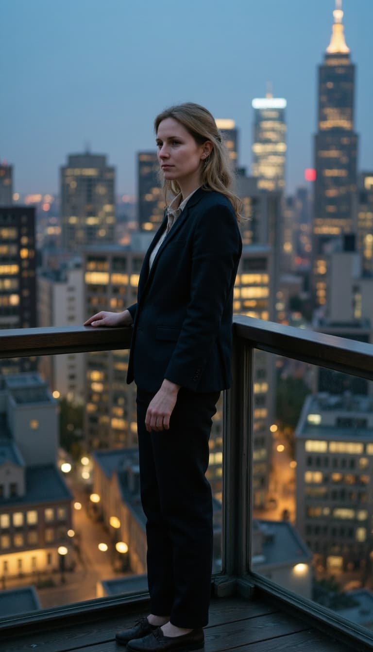 Portrait on luxury rooftop with panoramic city skyline, wearing sophisticated outfit or elegant jump