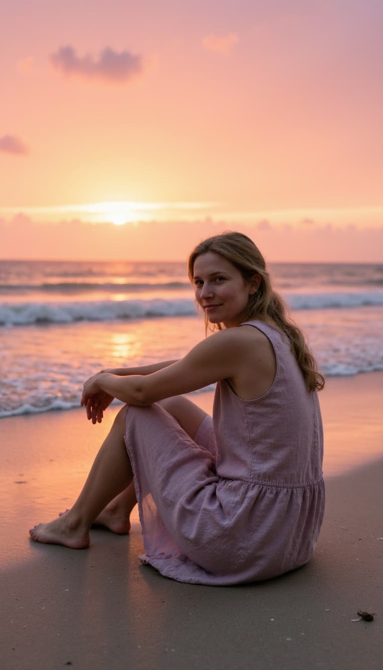Portrait sitting on beach at water's edge during golden hour, wearing flowing beach dress, knees dra