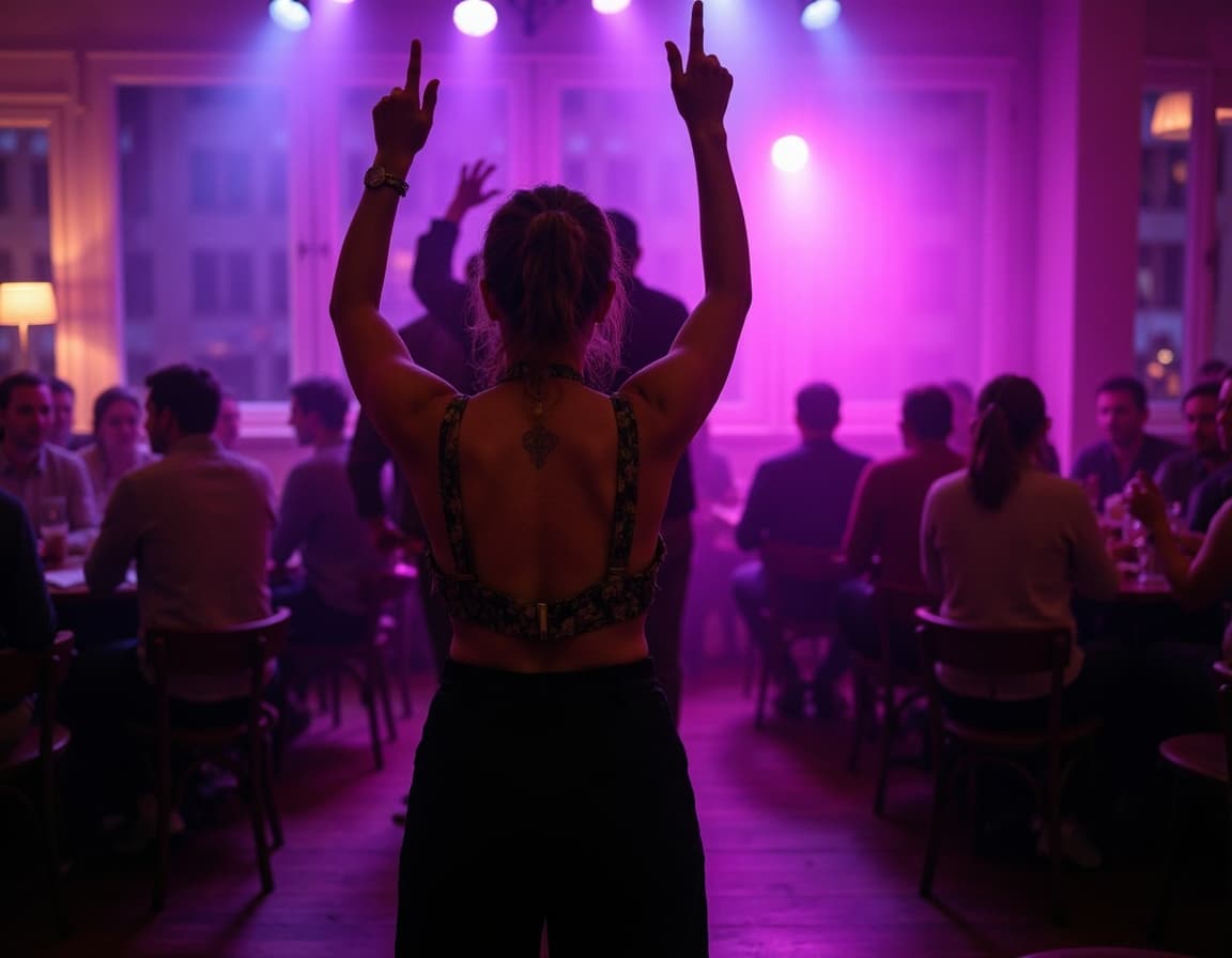 Shot at concert or club VIP section, wearing trendy night out outfit with statement accessories, dan