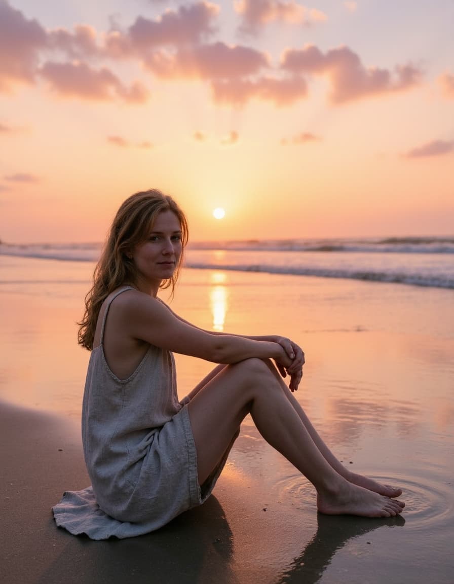 Portrait sitting on beach at water's edge during golden hour, wearing flowing beach dress, knees dra