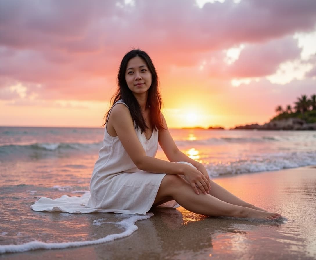 Portrait sitting on beach at water's edge during golden hour, wearing flowing beach dress, knees dra