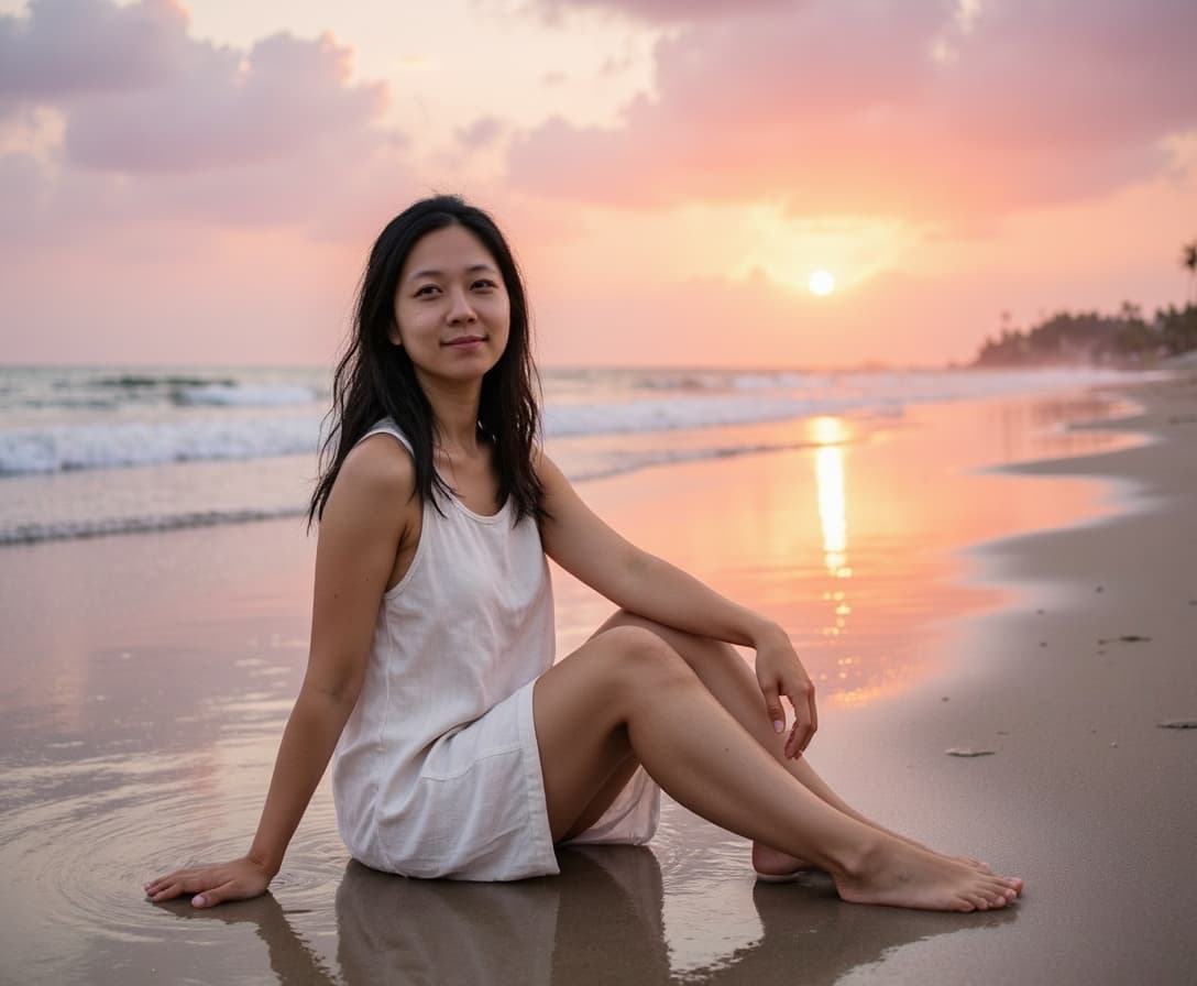 Portrait sitting on beach at water's edge during golden hour, wearing flowing beach dress, knees dra