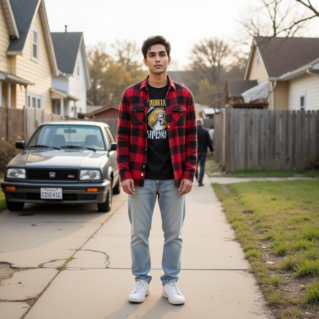 A high-definition photograph of a male model in 1990s American grunge style, captured in a residenti