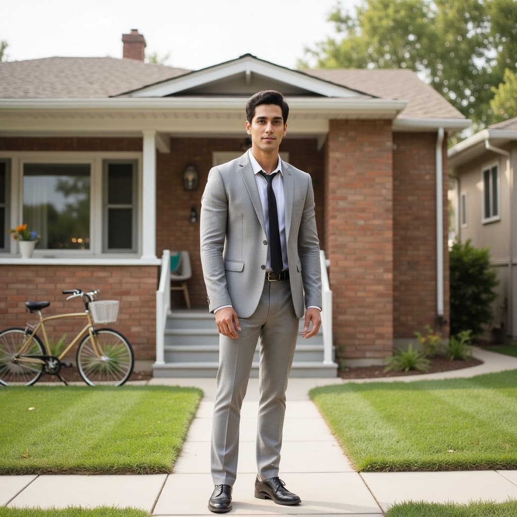 A high-definition photograph of a male model dressed in 1960s Mod-inspired suburban fashion. He stan
