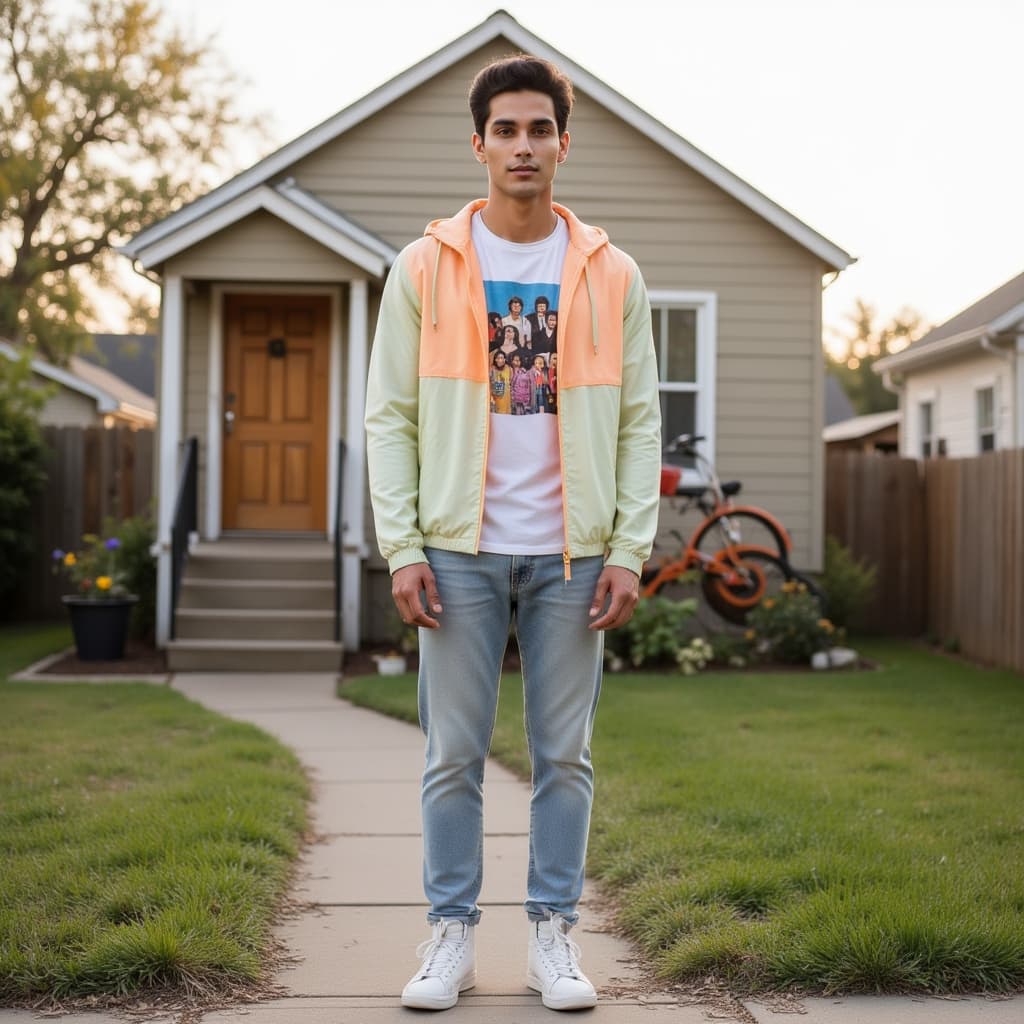 A high-definition photograph of a male model dressed in 1980s American suburban pop culture fashion.