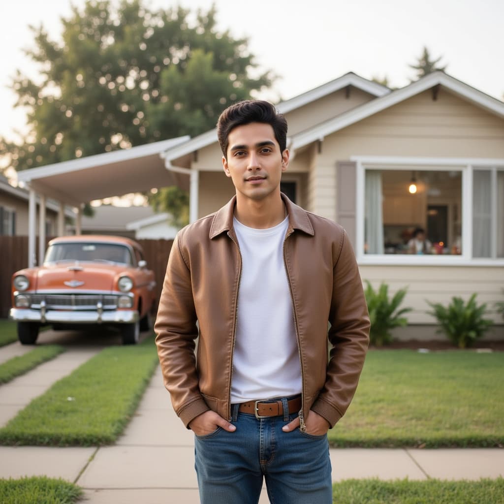 A high-definition photograph of a young male model in mid-1950s American suburban casual fashion. He