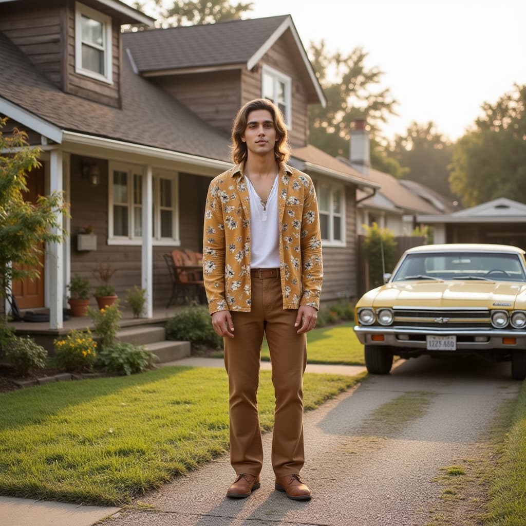 A high-definition image of a male model in authentic early 1970s American suburban fashion. He stand