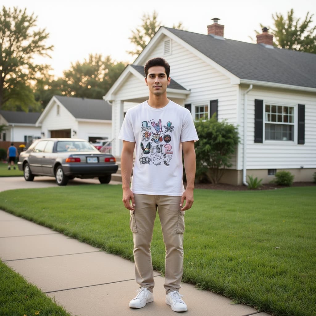A high-definition photograph of a male model in late 90s to early 2000s American suburban casual fas