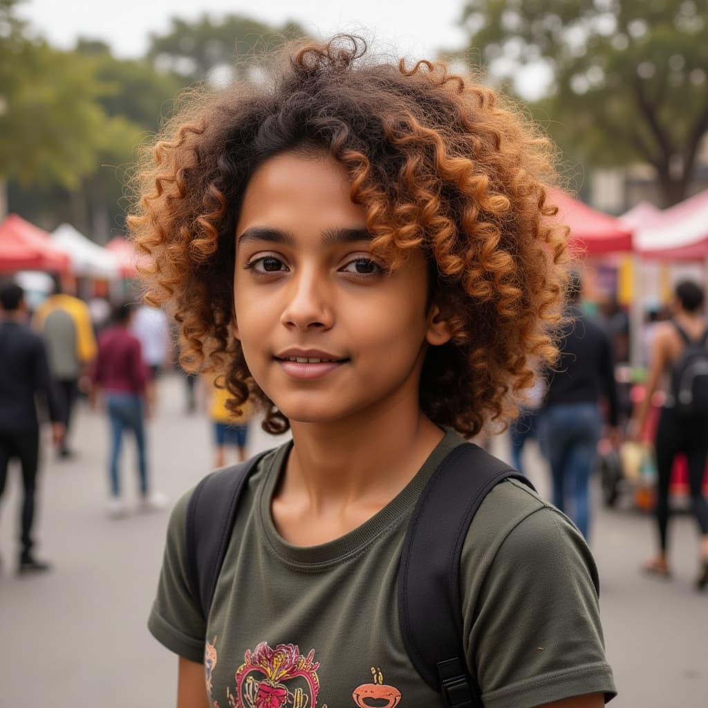 Make a younger version of Toya like 14 years old Brazilian orange highlights and curly hair