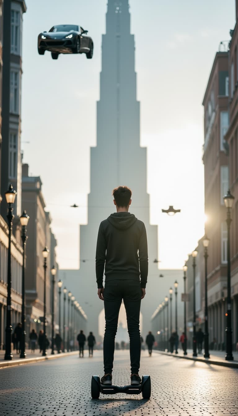 A man in a futuristic city, standing on a hoverboard and gazing at flying cars.