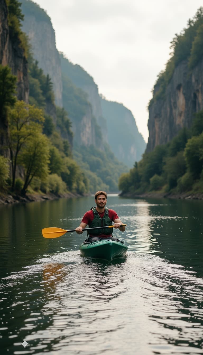 A man kayaking on a calm river, with tall green cliffs on both sides.