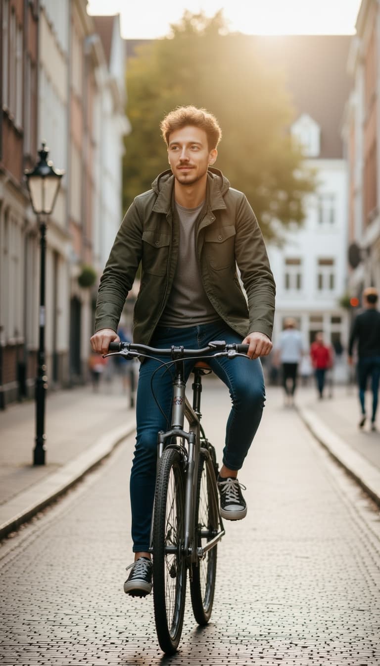 A man on a bicycle riding through a European village on a cobblestone street.