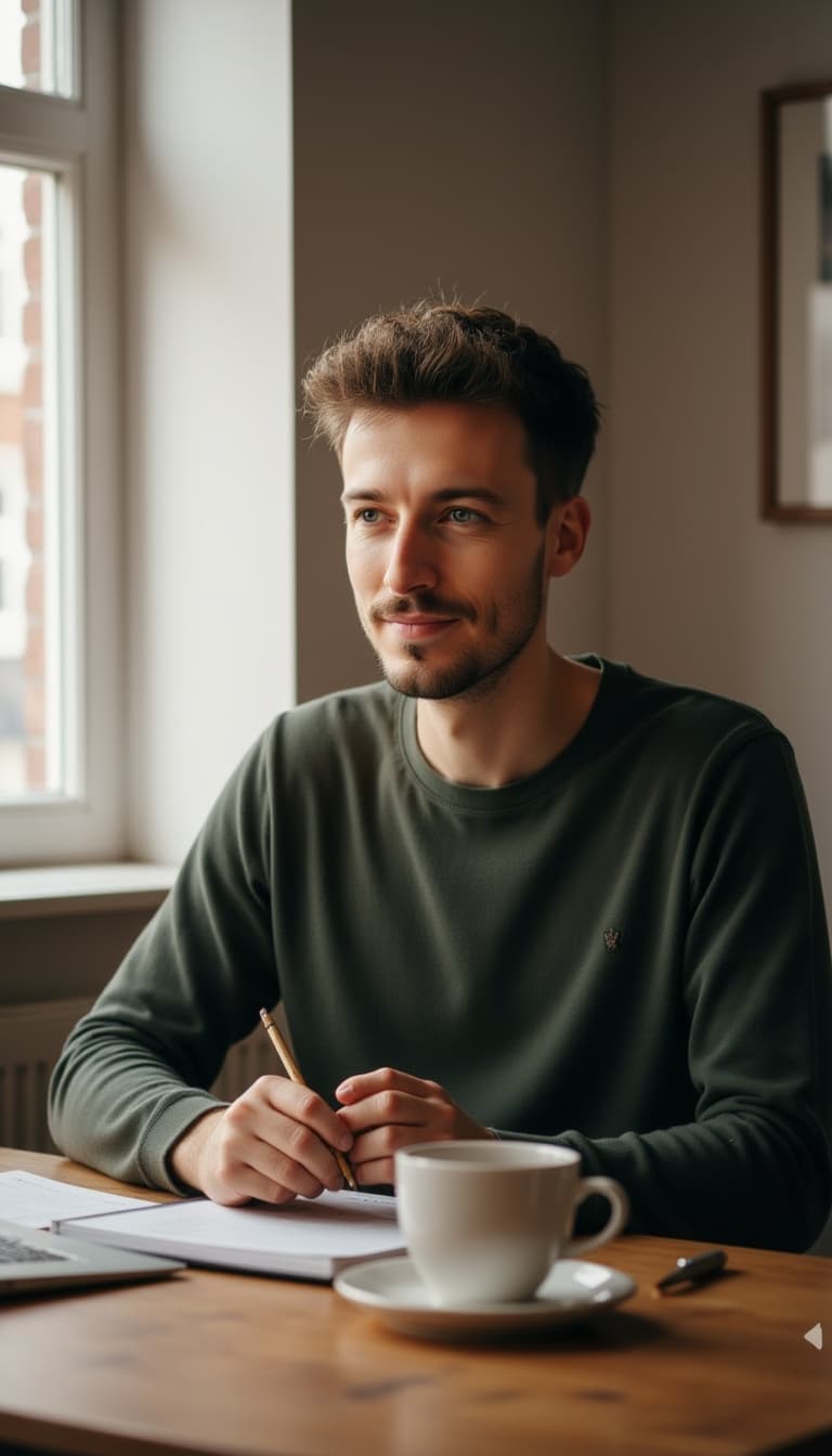 A man sitting at a desk in a cozy home office, working on a laptop with a cup of coffee.