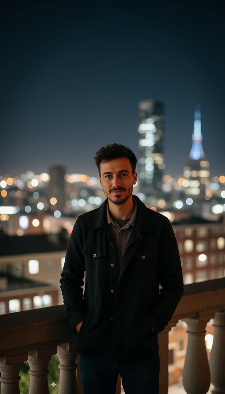 A man standing on a balcony, overlooking a city skyline at night.