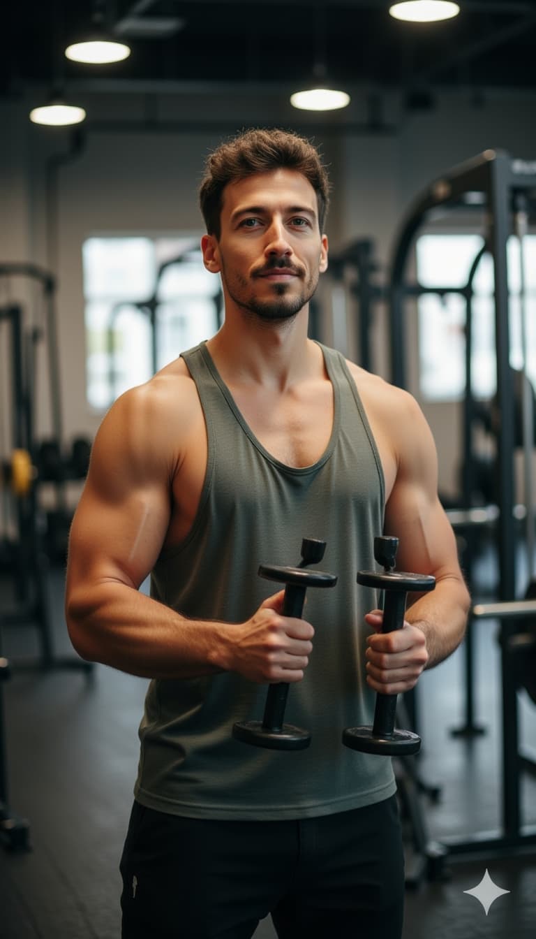 A man lifting weights in a modern gym, wearing workout gear.