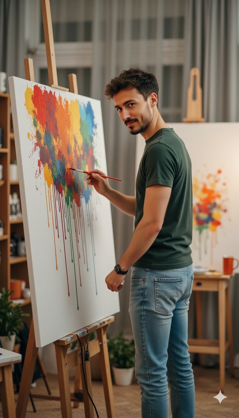 A man working in an art studio, painting a large canvas with bright colors.