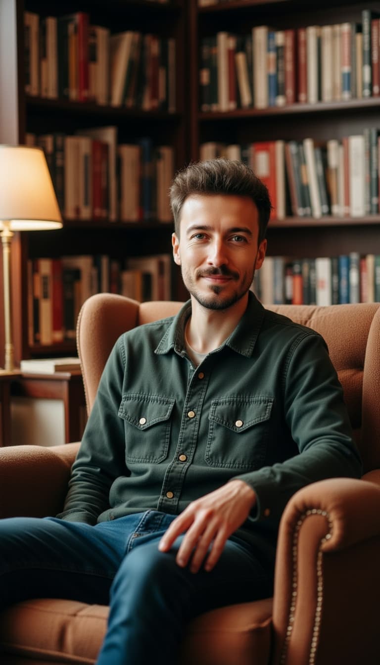 A man sitting in a comfy chair at a library, surrounded by bookshelves.