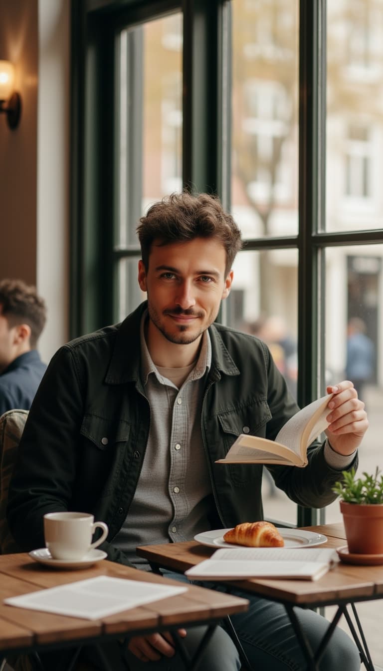 A man sitting at a café in Paris, reading a book with a croissant on the table.