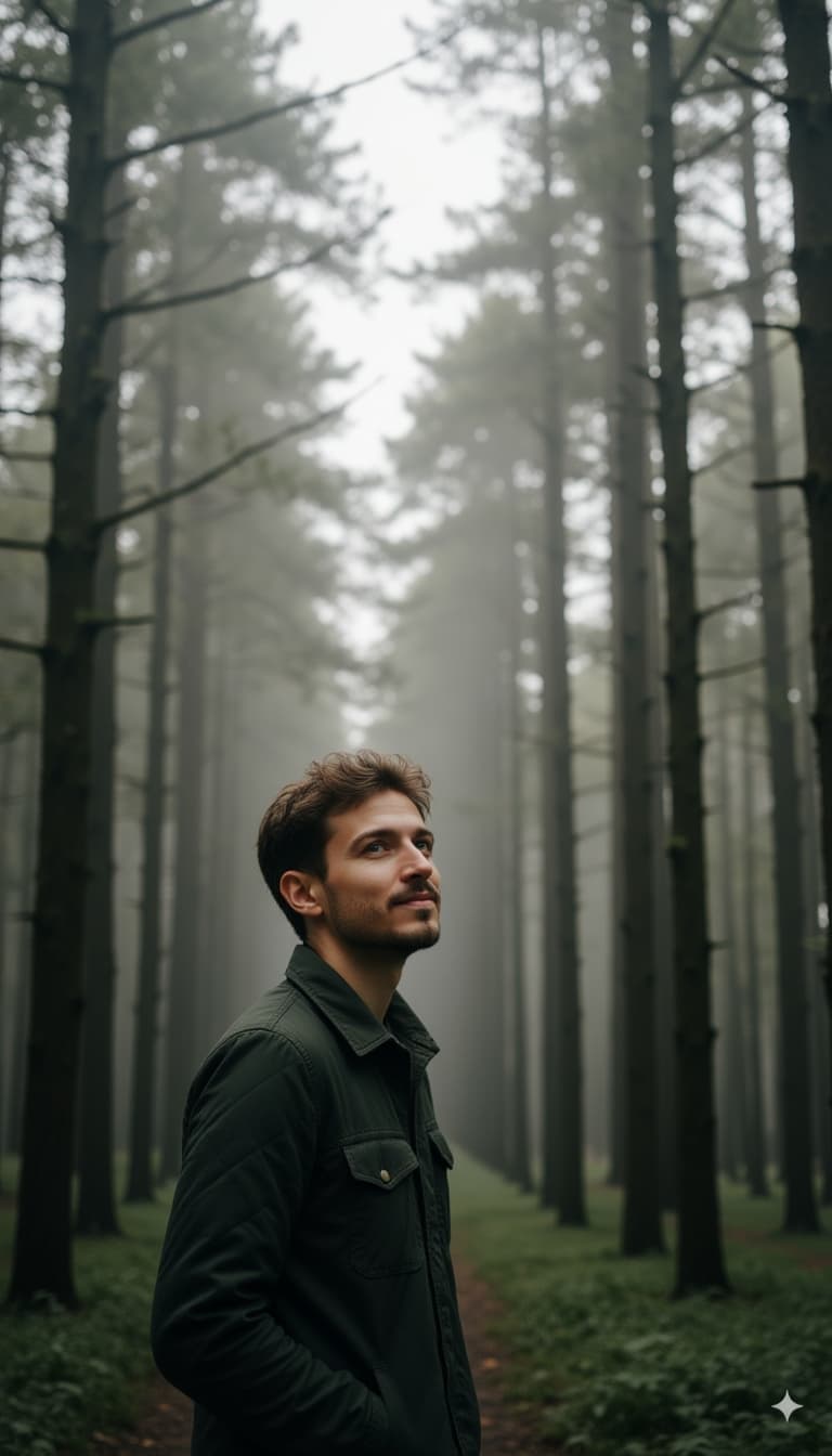 A man in a forest, surrounded by fog and tall trees, looking up at the canopy.