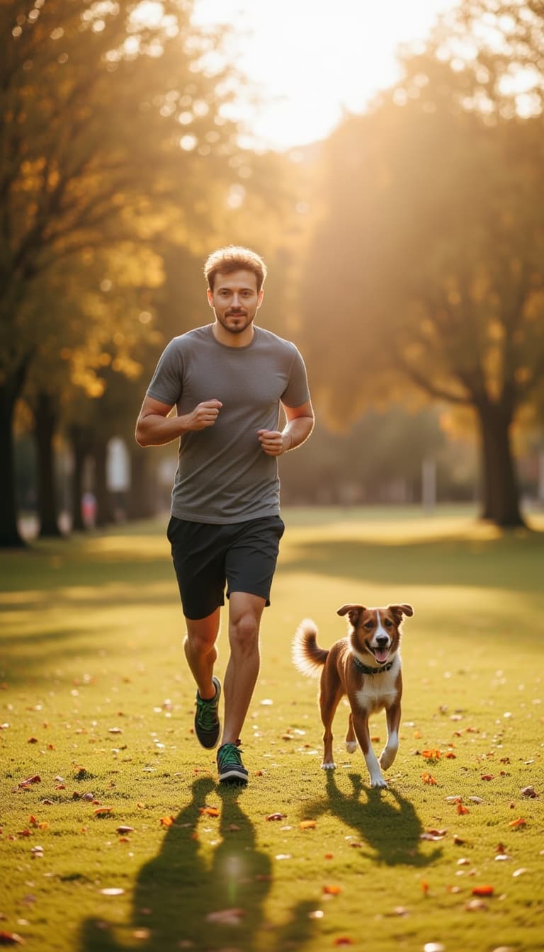 A man jogging in the park during a sunny morning, with a dog running beside him.