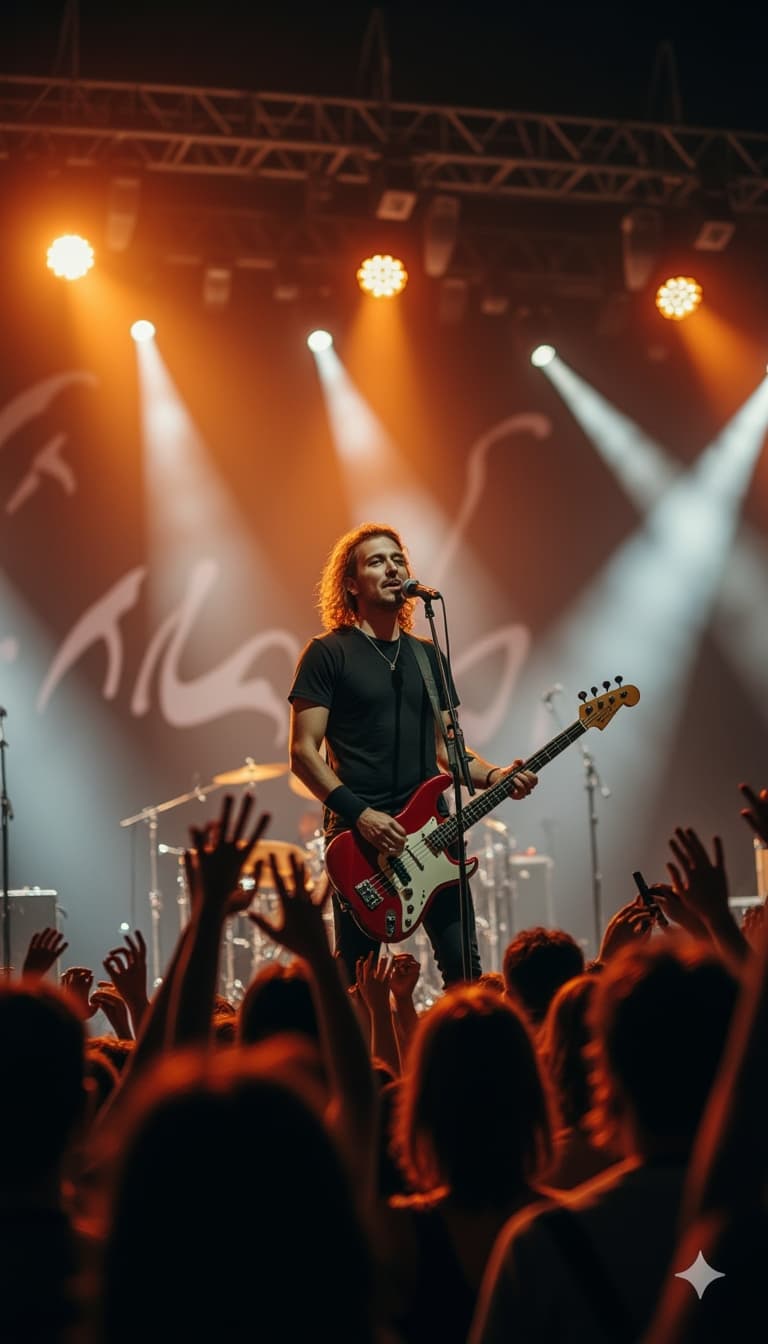 A man in a rock band performing on stage with bright lights and a cheering crowd.