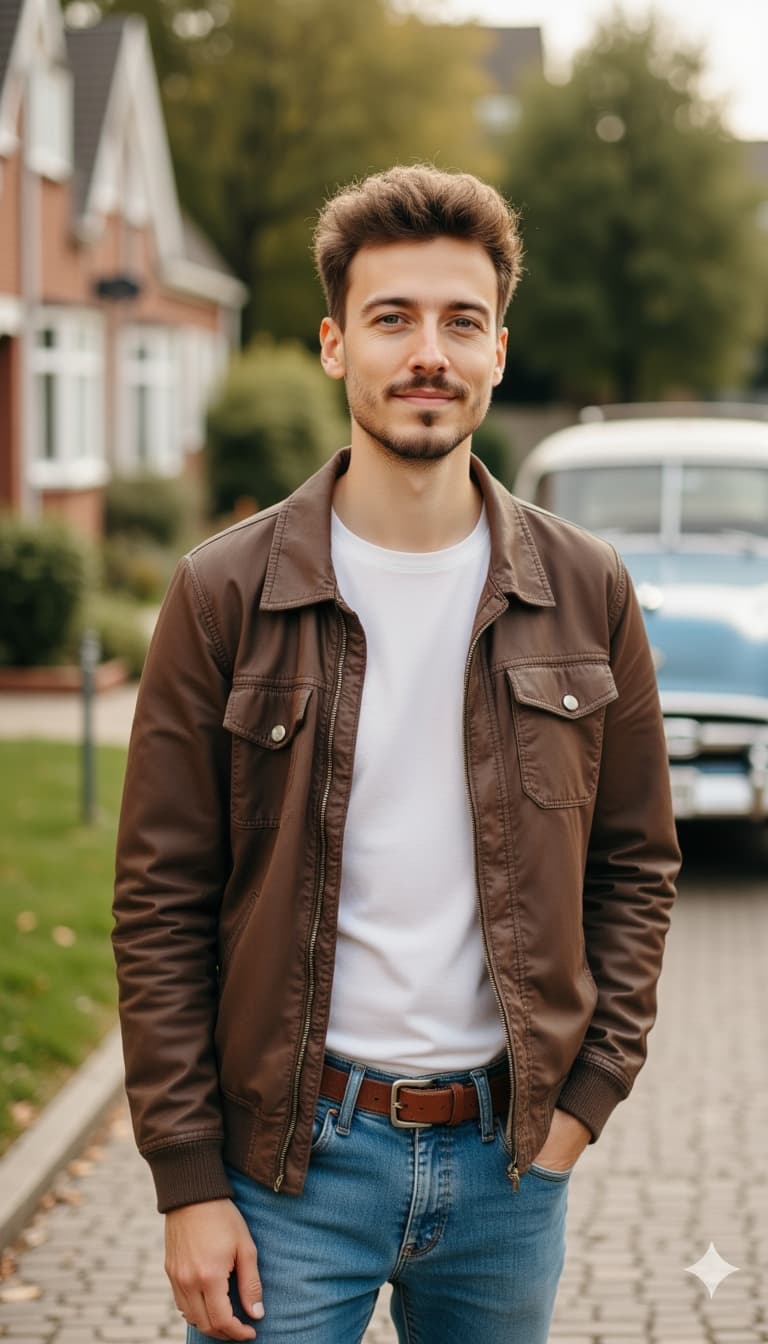 A high-definition photograph of a young male model in mid-1950s American suburban casual fashion. He