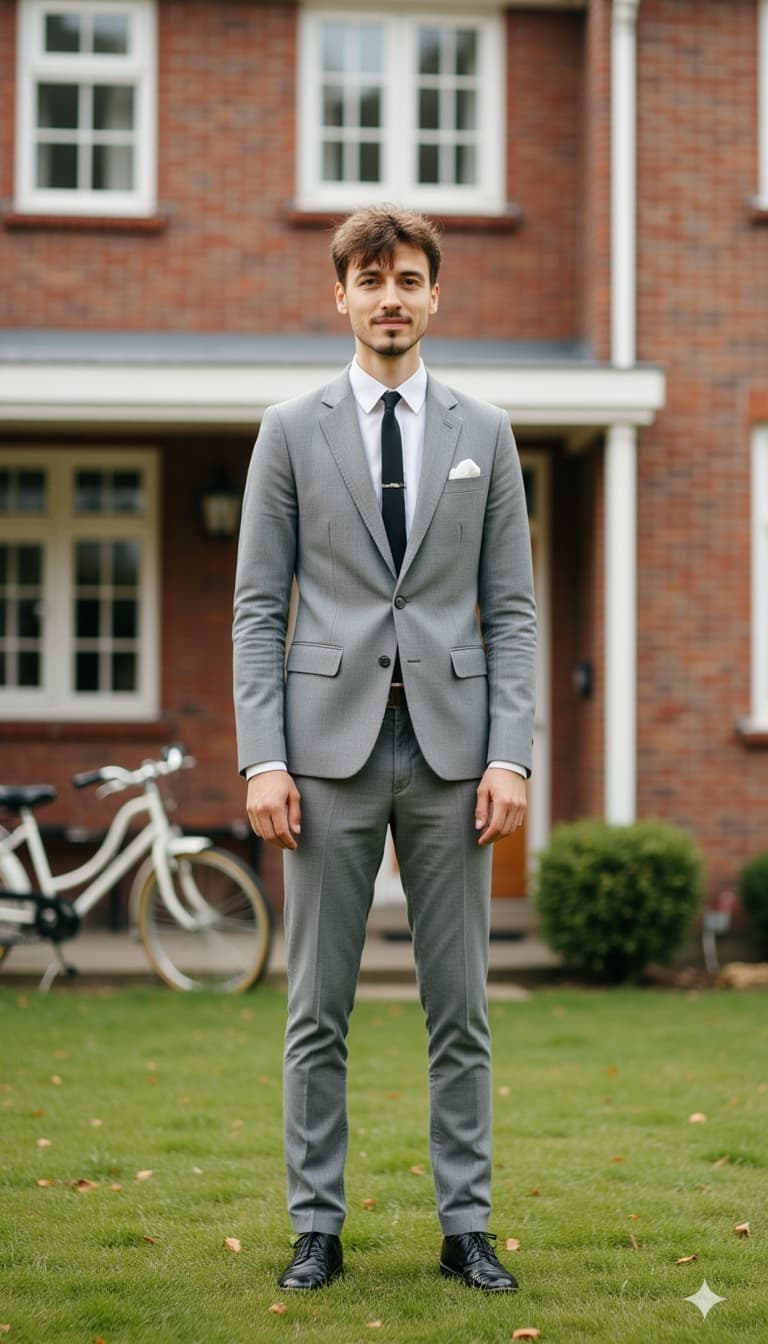 A high-definition photograph of a male model dressed in 1960s Mod-inspired suburban fashion. He stan