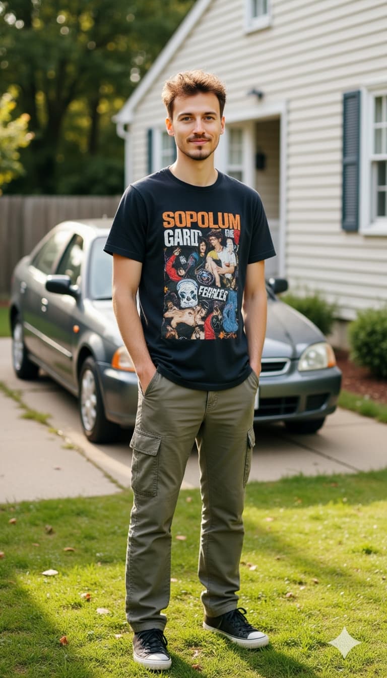 A high-definition photograph of a male model in late 90s to early 2000s American suburban casual fas