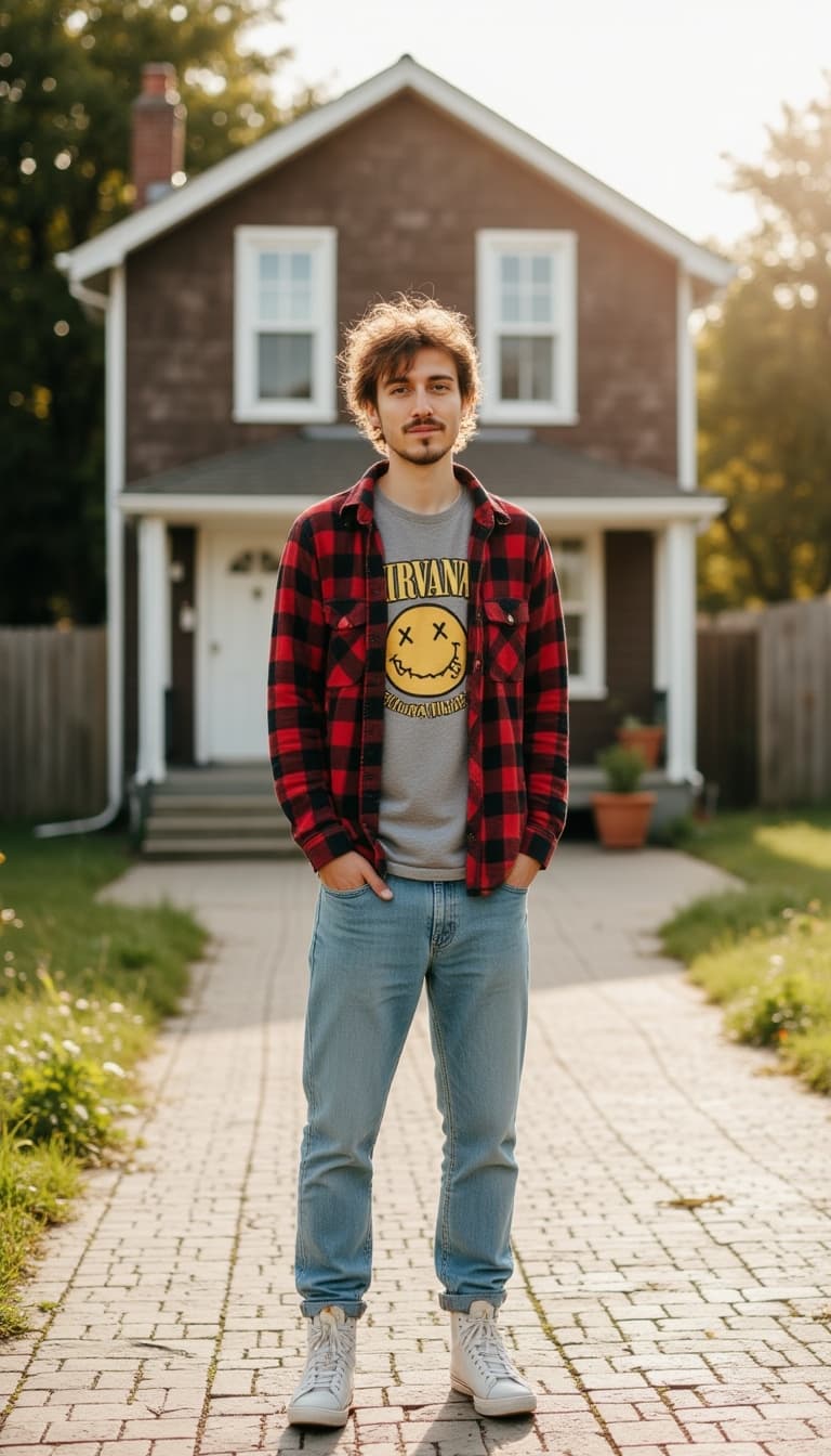 A high-definition photograph of a male model in 1990s American grunge style, captured in a residenti