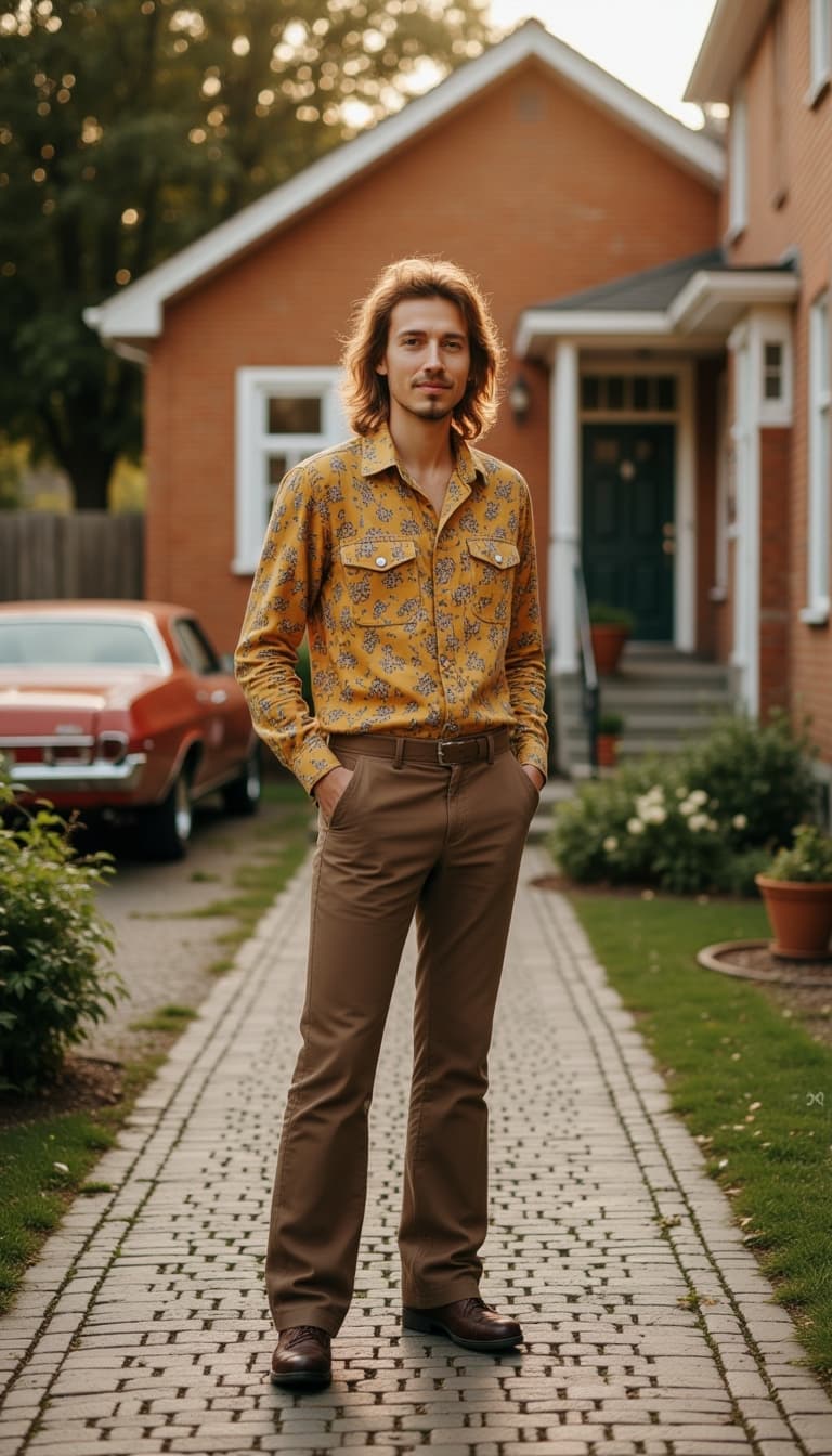 A high-definition image of a male model in authentic early 1970s American suburban fashion. He stand