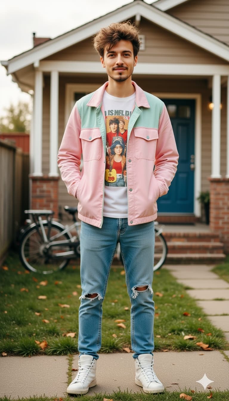 A high-definition photograph of a male model dressed in 1980s American suburban pop culture fashion.