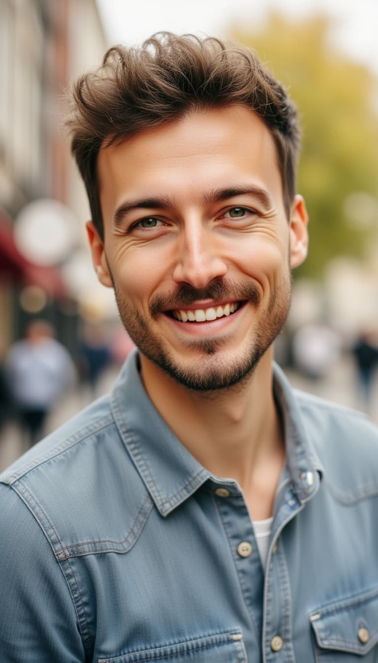 Natural dating profile headshot, looking directly at camera with genuine warm smile, wearing casual