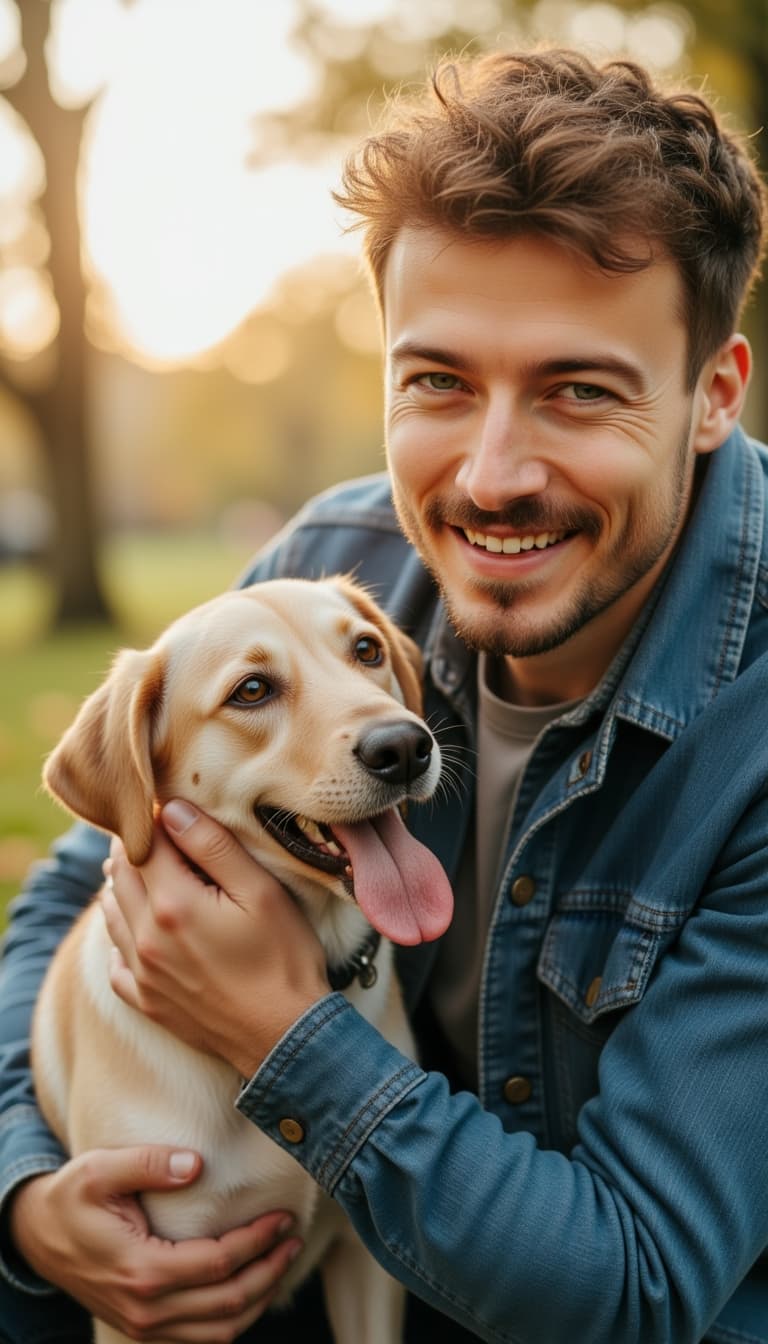 Authentic candid photo interacting with dog, genuine joyful expression, casual comfortable clothing,