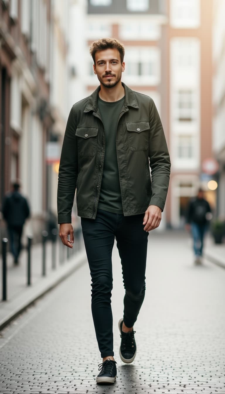 Cool urban lifestyle shot, walking or standing in city environment, wearing stylish casual streetwea