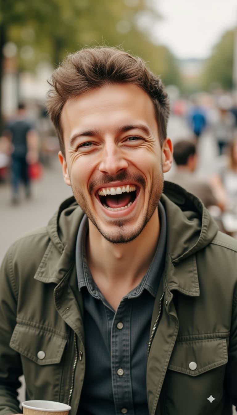 Genuine candid photo mid-laugh with authentic joy, wearing casual everyday clothes, natural outdoor