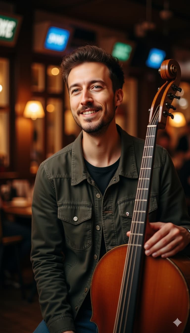 Candid moment with musical instrument or at concert venue, engaged and passionate expression, casual