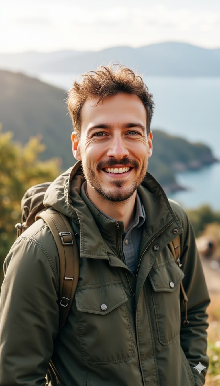 Authentic travel lifestyle photo, looking at camera with excited smile, casual adventure outfit with