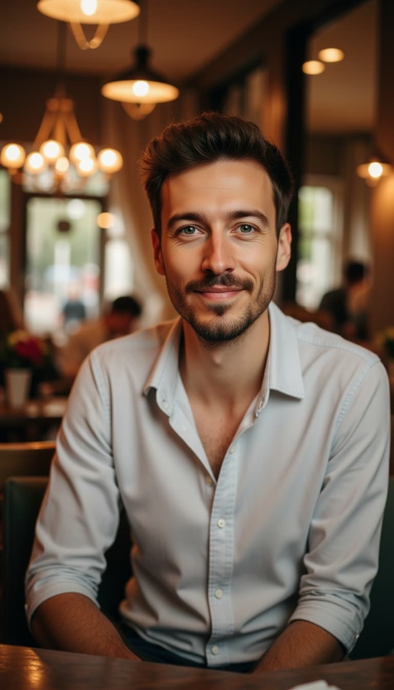 Relaxed candid photo at nice restaurant or bar, sitting comfortably, wearing smart casual attire lik