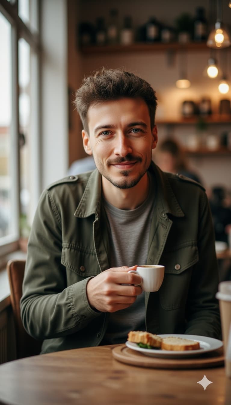 Candid lifestyle shot at modern coffee shop, sitting casually with coffee, wearing relaxed casual ou